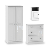 A white wardrobe, bedside cabinet, and chest of drawers on a seamless background, representing modern, simplistic furniture design isolated for display purposes.