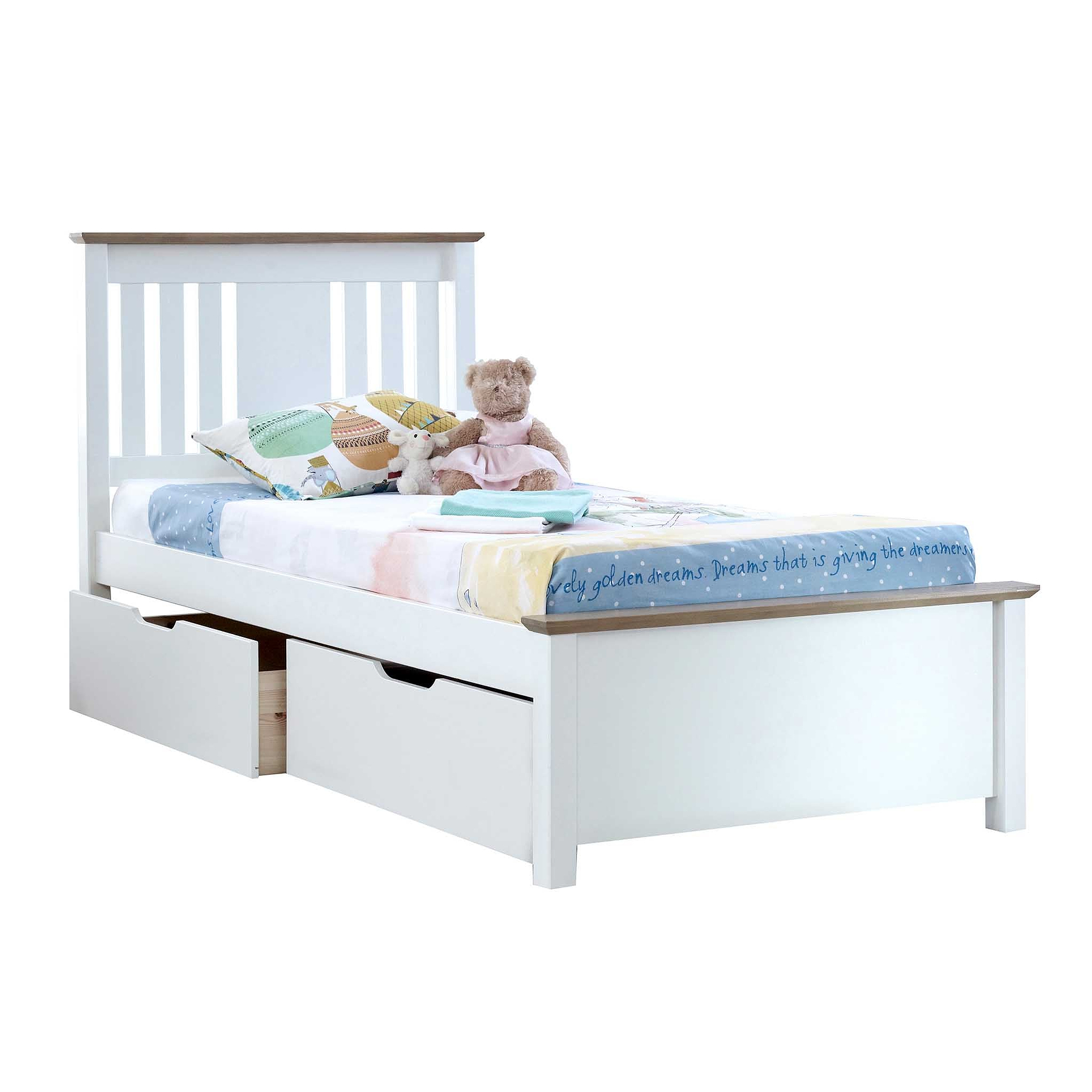 A single white bed with storage drawers underneath, adorned with colorful bedding and a teddy bear, sits against a plain background.
