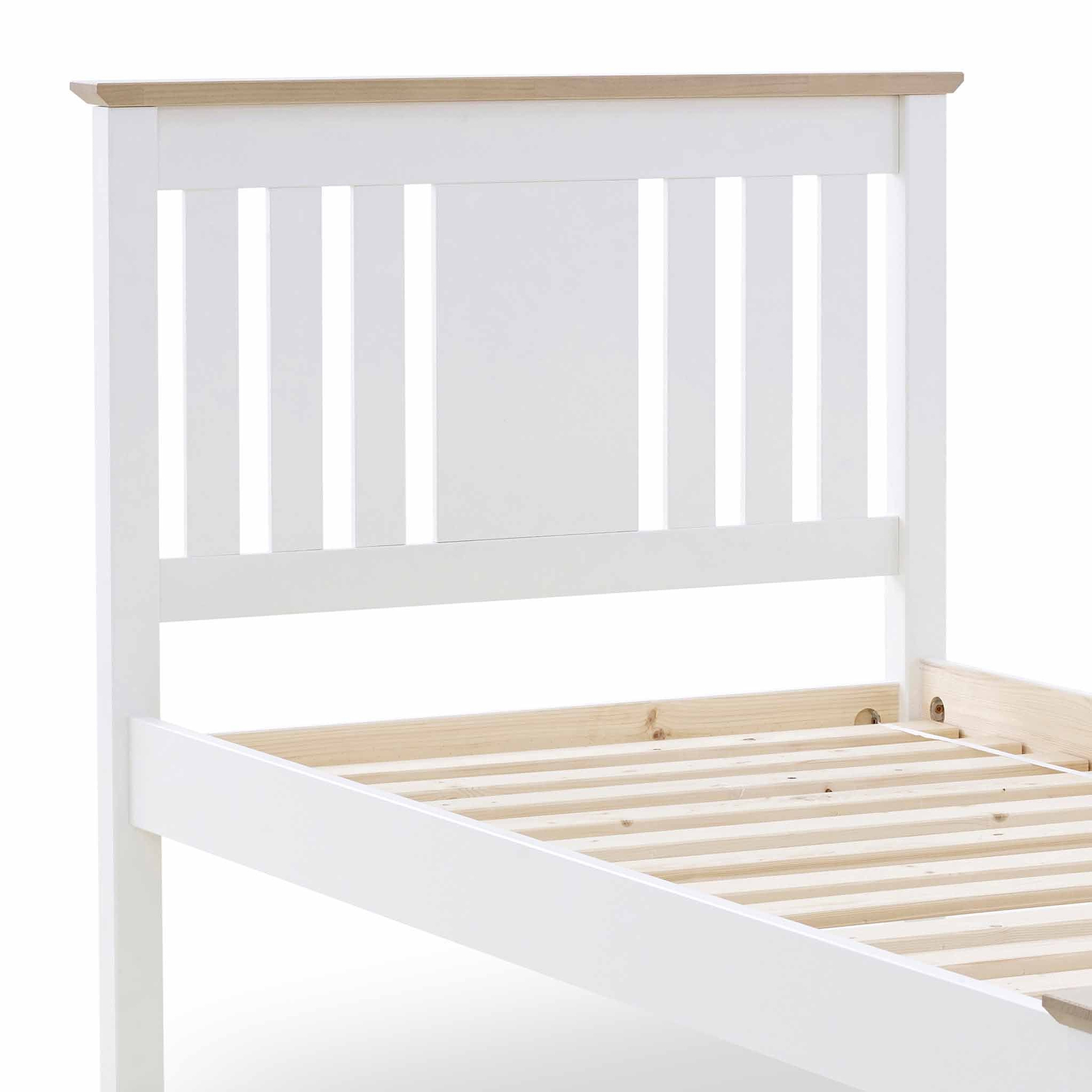 A white wooden bed frame, partially visible, with vertical slats on the headboard and wooden slats for support, against a plain white background.