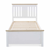 A white wooden bed frame with slatted base, no mattress, stands isolated against a white background.