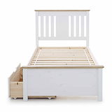 A white wooden bed frame with a slated base and an under-bed storage drawer, isolated on a white background.