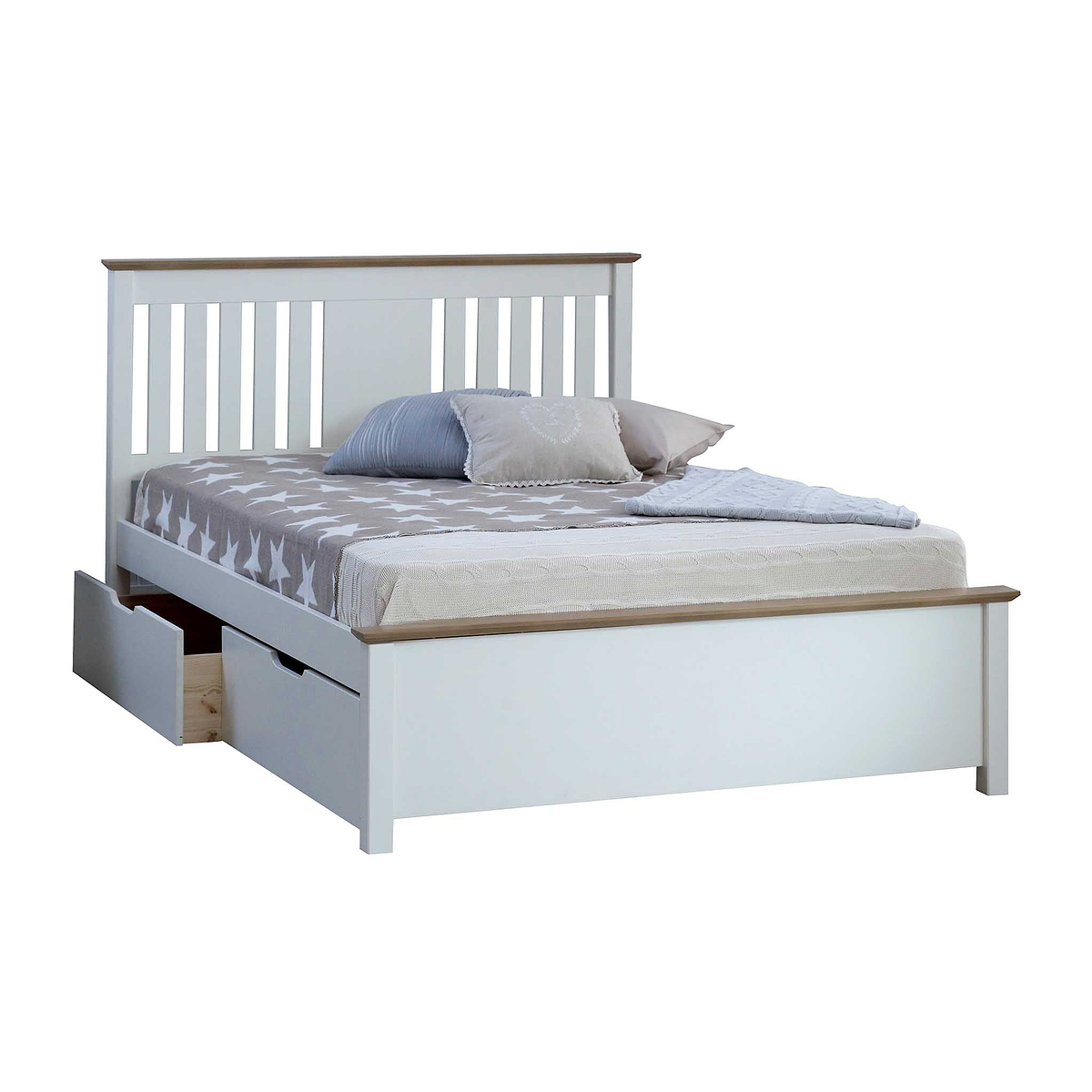A white wooden bed with a gray and white patterned comforter, two pillows, and an open storage drawer underneath, against a white background.