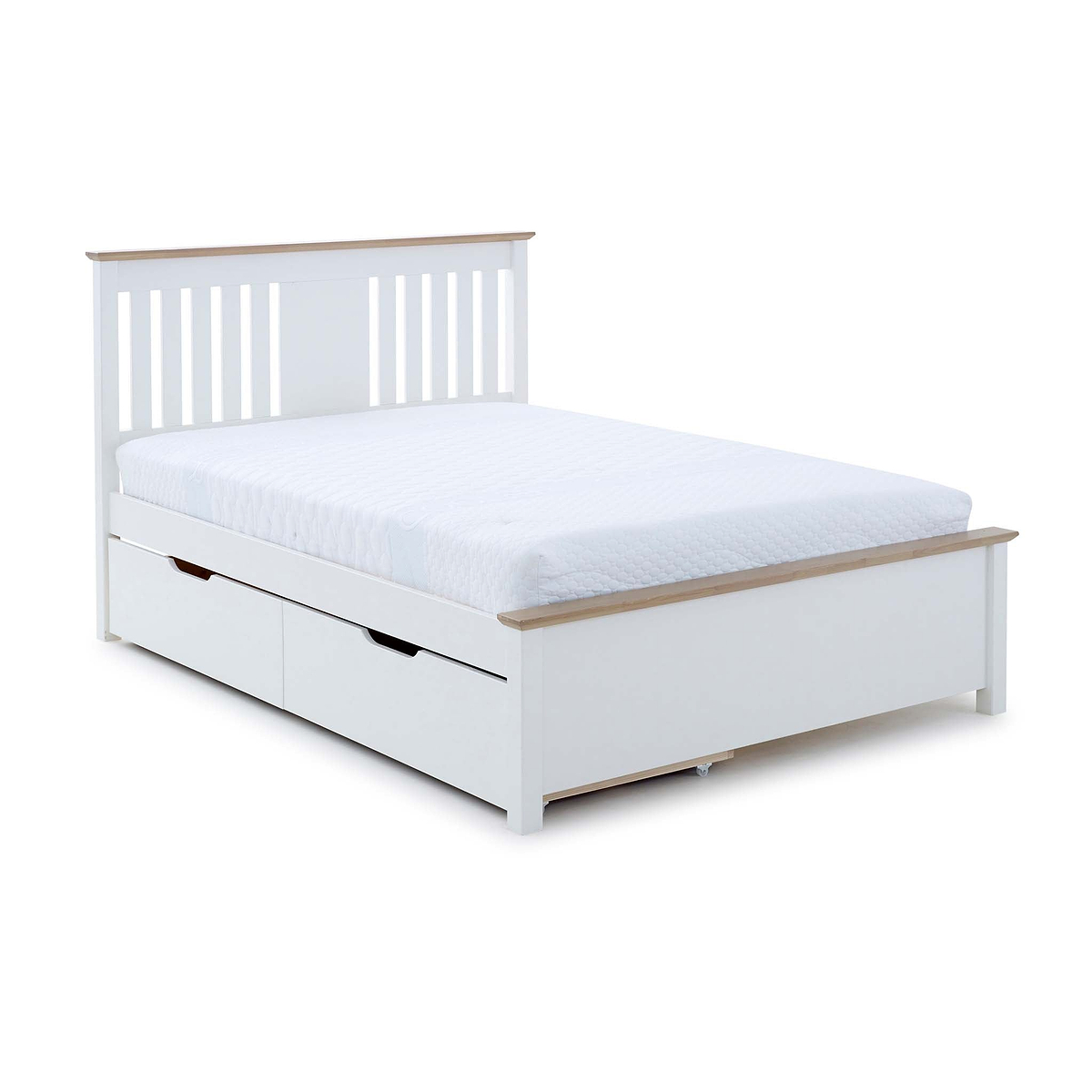 A white, wooden, double-sized bed with a mattress, featuring under-bed storage drawers, against a plain white background.