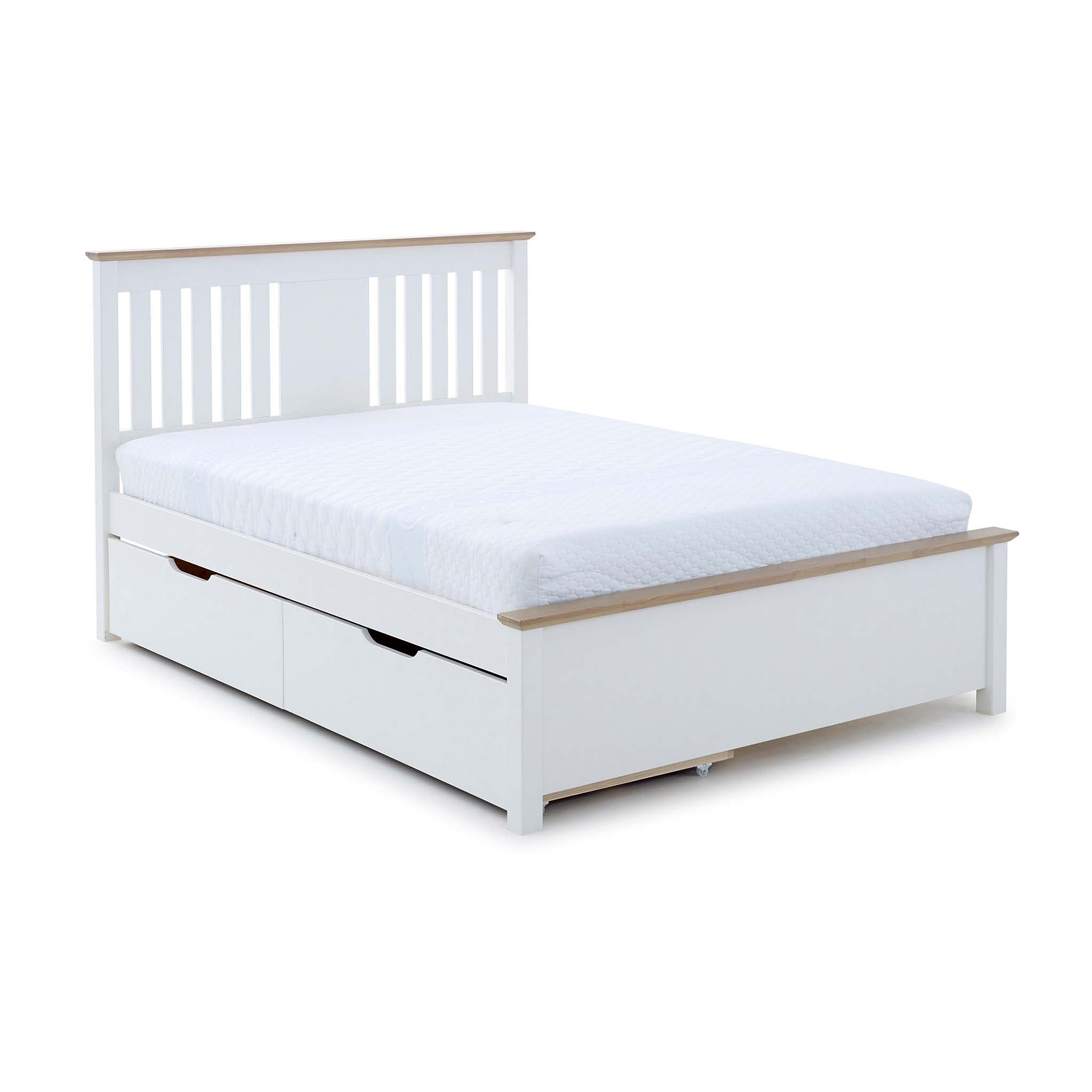 A white, wooden, double-sized bed with a mattress, featuring under-bed storage drawers, against a plain white background.