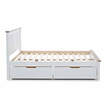 A white single bed frame with an elevated headboard and two under-bed storage drawers, against a pure white background.
