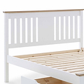 A white wooden bed frame with slatted base, partially assembled, isolated on a white background.