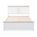 A white wooden double bed frame with slatted base, displayed against a plain white background.