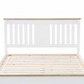 A white wooden bed frame with a slatted base, isolated against a white background.