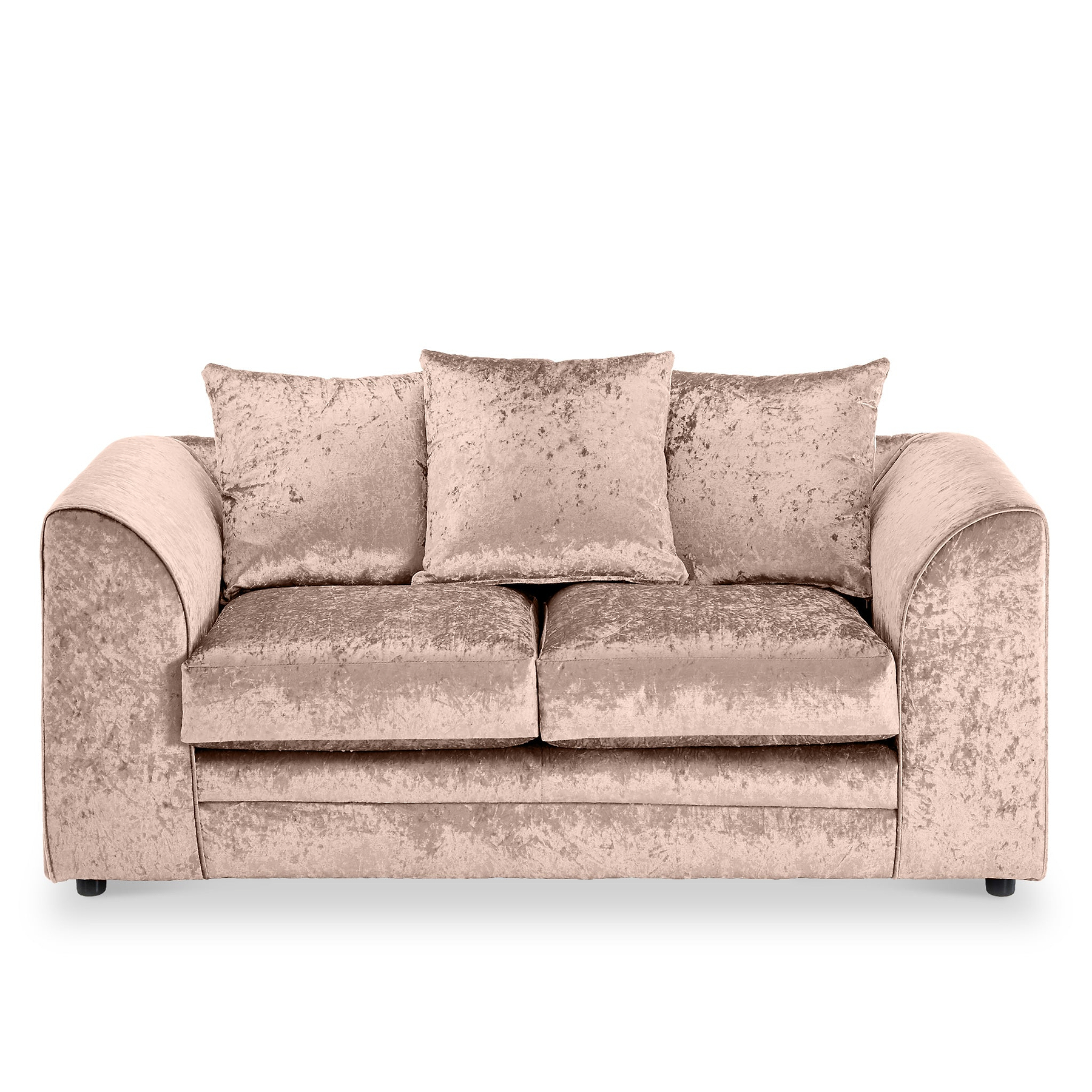 Velvet beige couch with plush cushions against a white background.