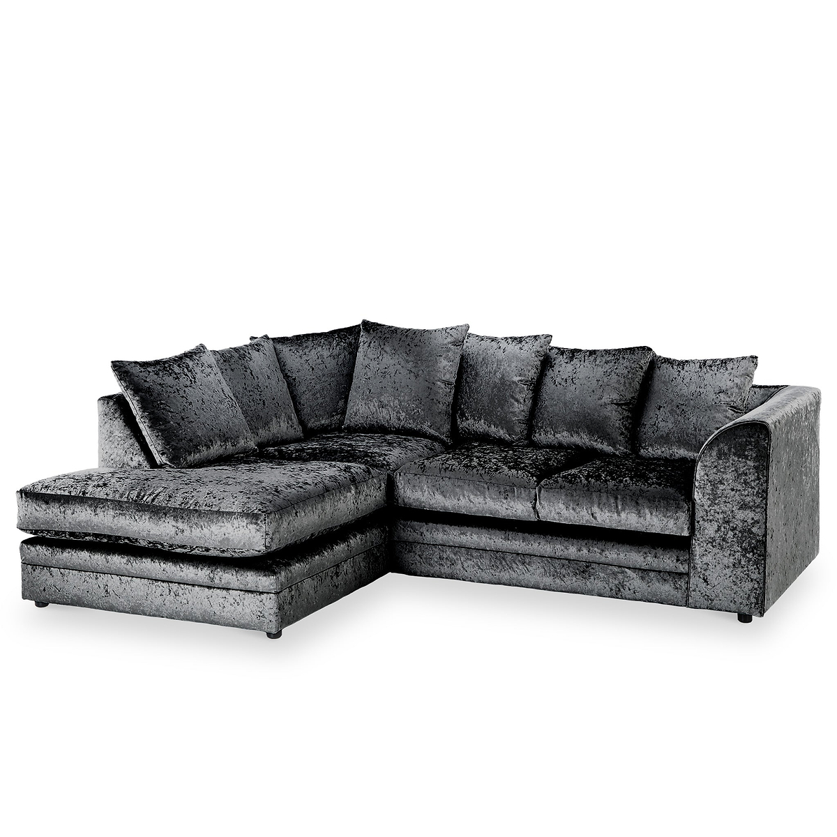 A plush, dark-toned sectional sofa with multiple cushions, stationary, against a white background.
