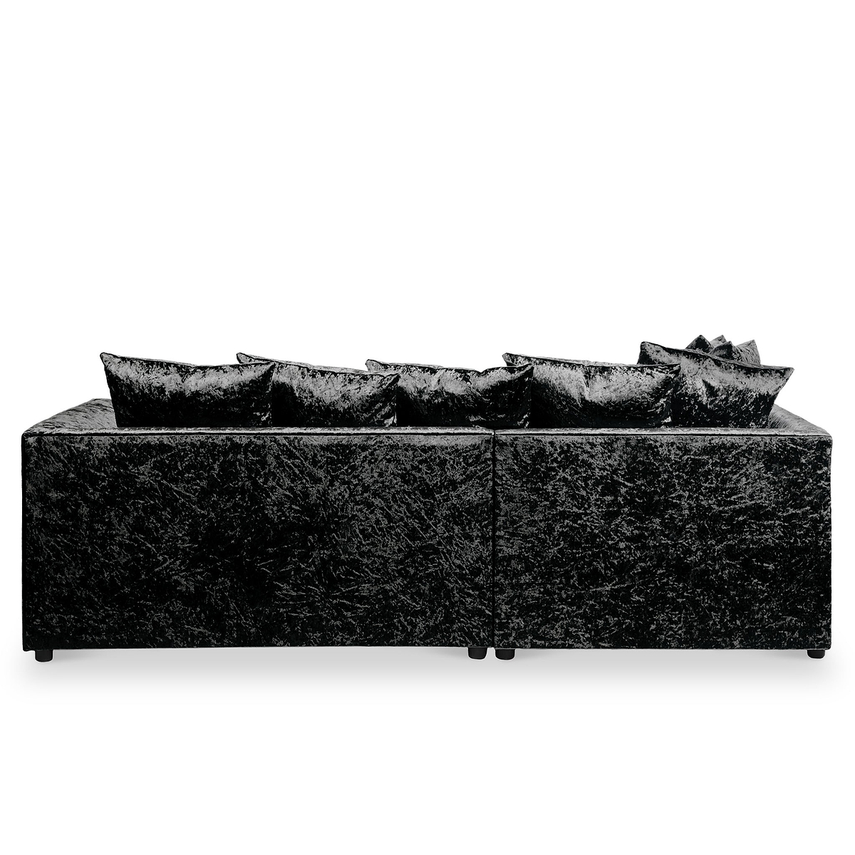 A black, textured sectional sofa with plush cushions on a white background.