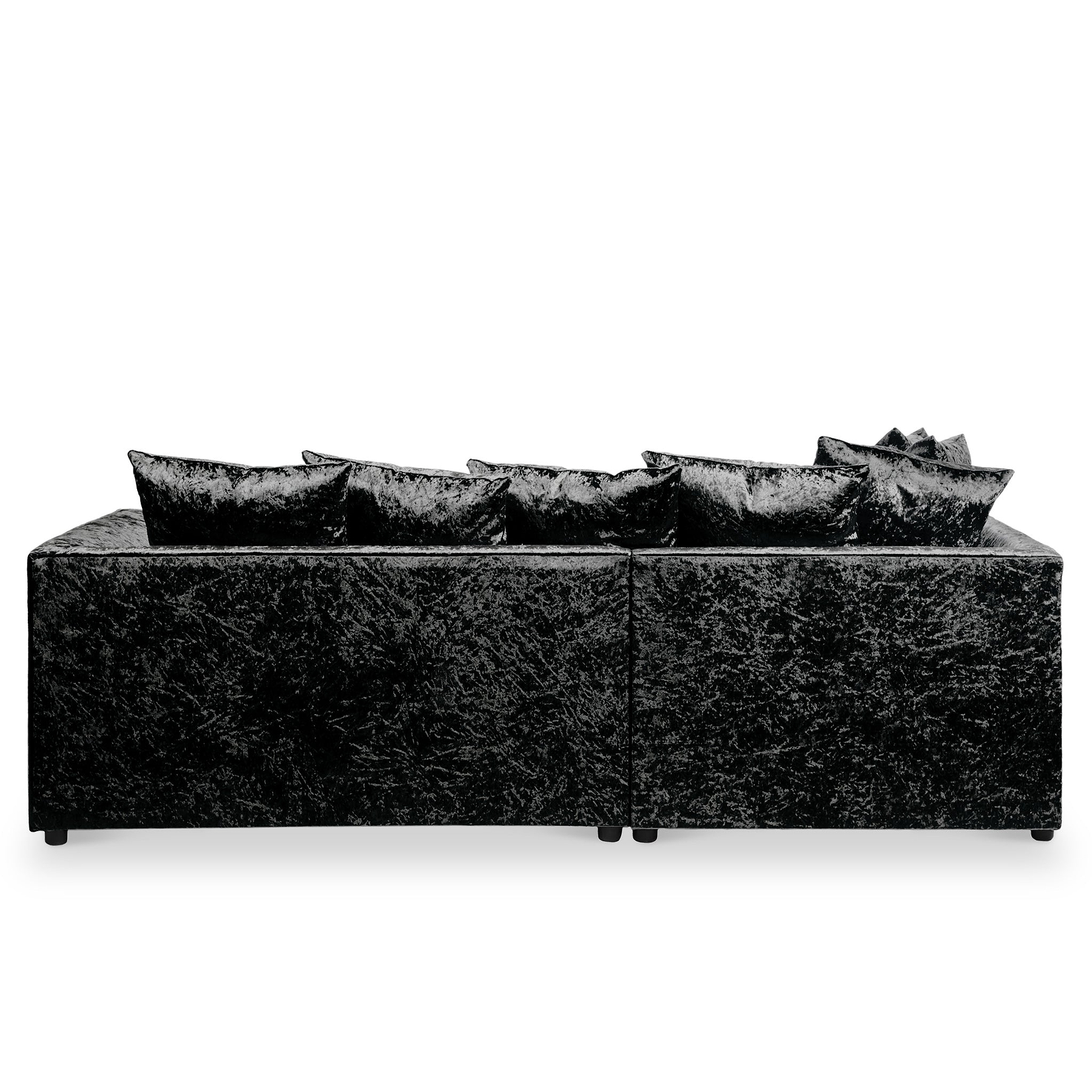 A black, textured sectional sofa with plush cushions on a white background.