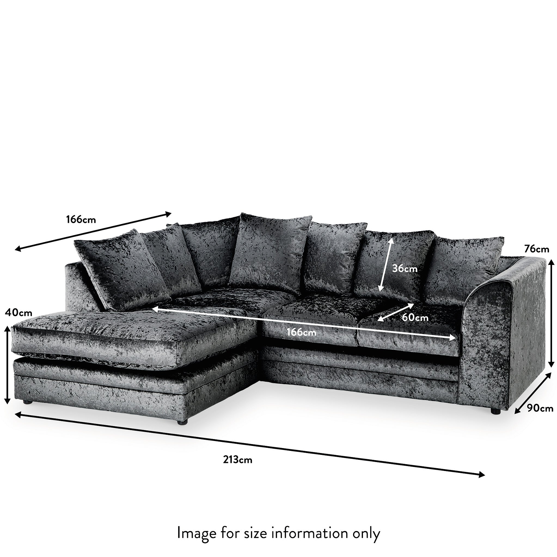 A corner sofa with dimensions labeled, against a white background. Measurements denote its length, depth, and height. A caption reads "Image for size information only."
