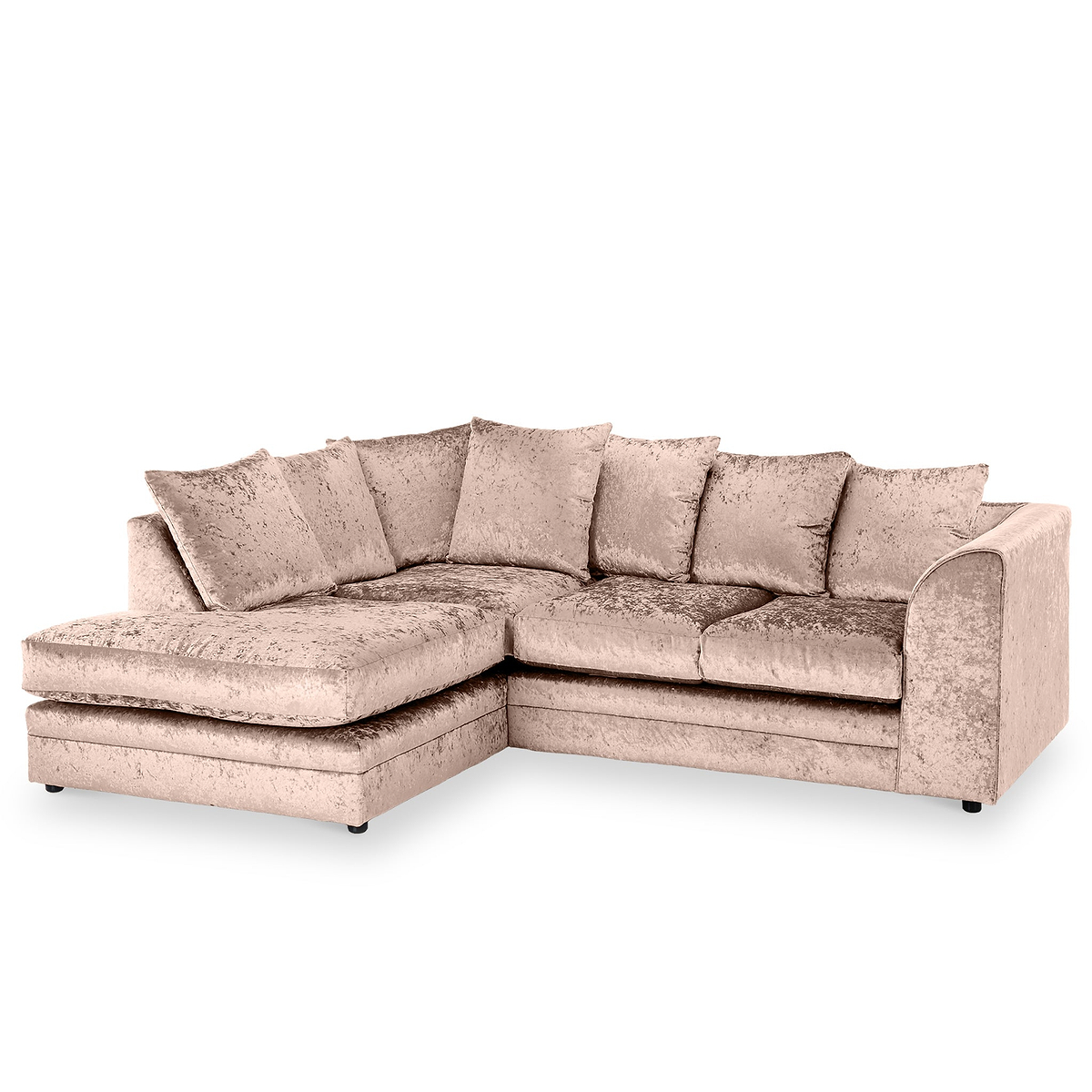 A plush, beige corner sofa with multiple cushions, against a white background.