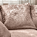 Two plush velvet pillows resting against each other on a sofa, bathed in soft natural light filtering through a window, imparting a cozy, serene ambiance.