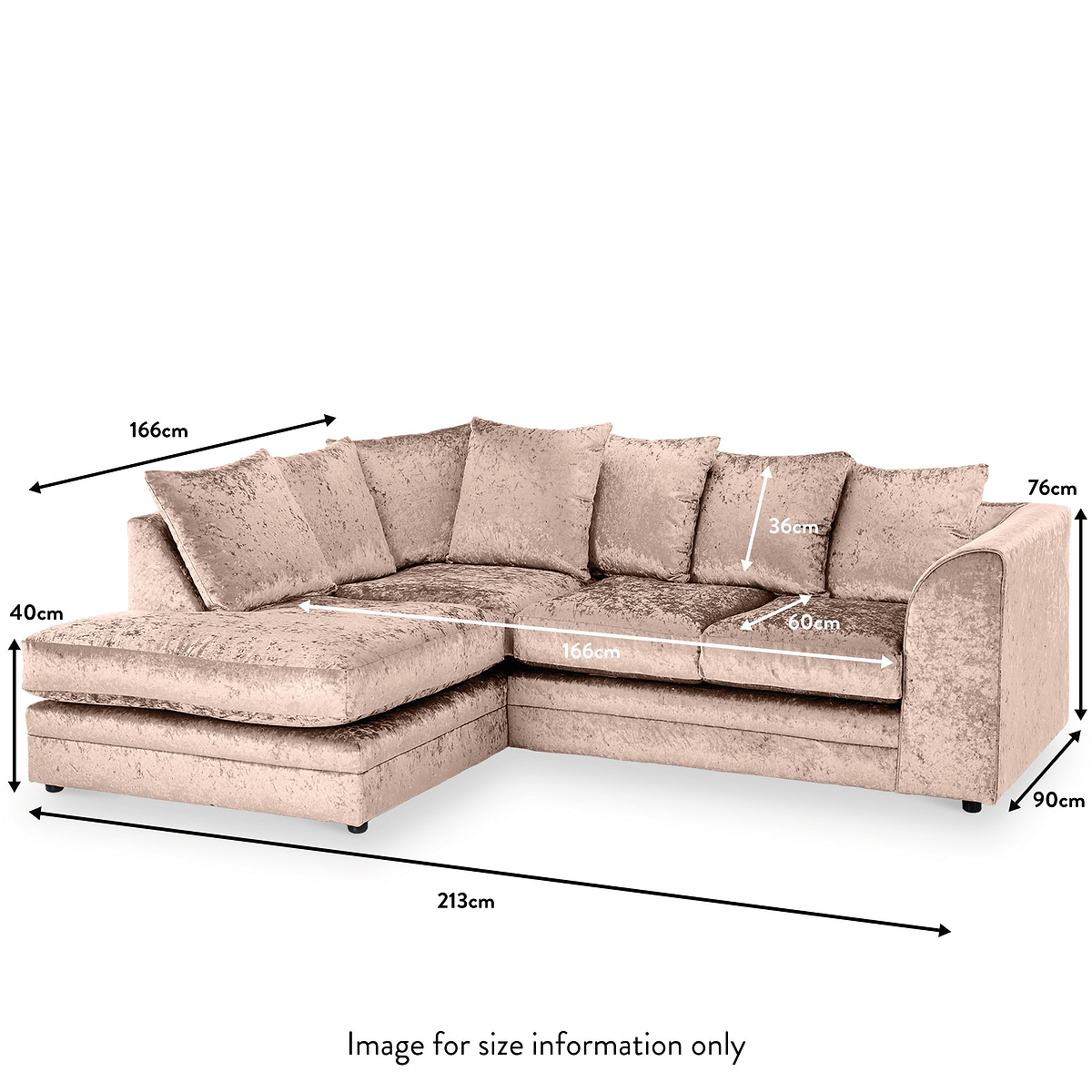 A beige corner sofa, annotated with measurements: lengths of 166cm and 213cm, seat height of 40cm, and back height of 76cm. Bottom text: "Image for size information only".