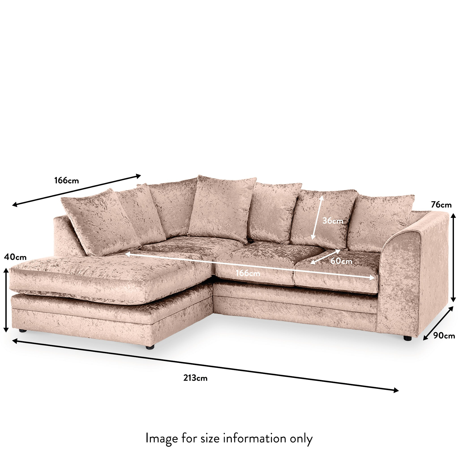 A beige corner sofa, annotated with measurements: lengths of 166cm and 213cm, seat height of 40cm, and back height of 76cm. Bottom text: "Image for size information only".
