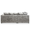 A metallic silver couch with plush cushions, resting stationary against a stark white background.