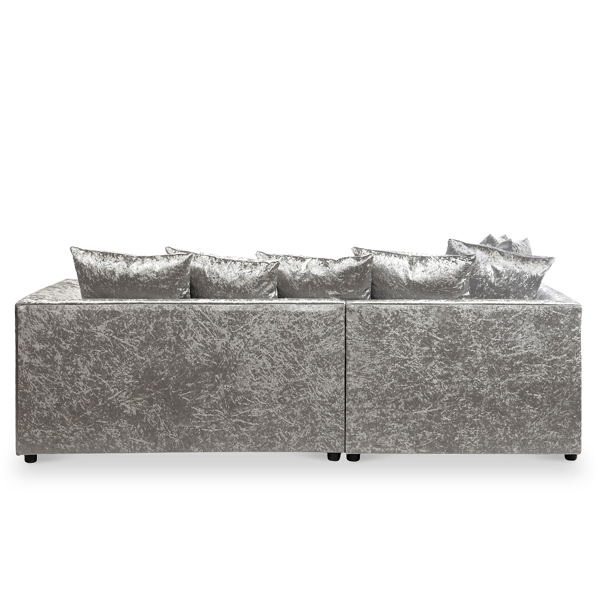 A metallic silver couch with plush cushions, resting stationary against a stark white background.