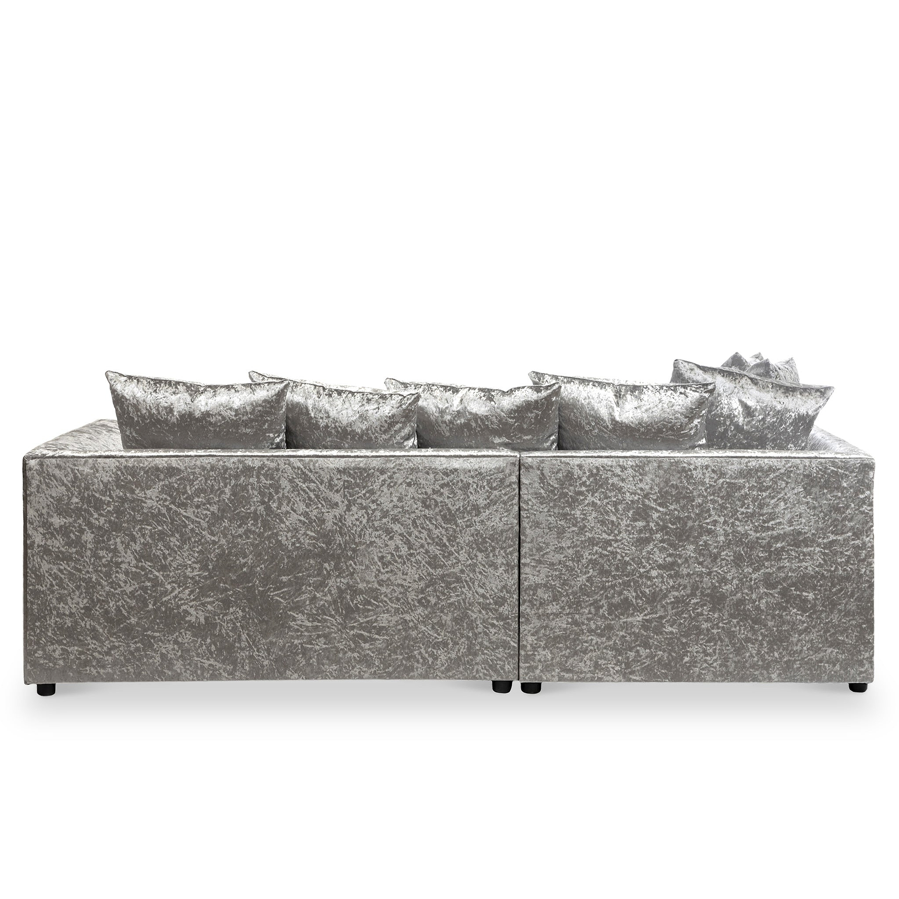 A metallic silver couch with plush cushions, resting stationary against a stark white background.
