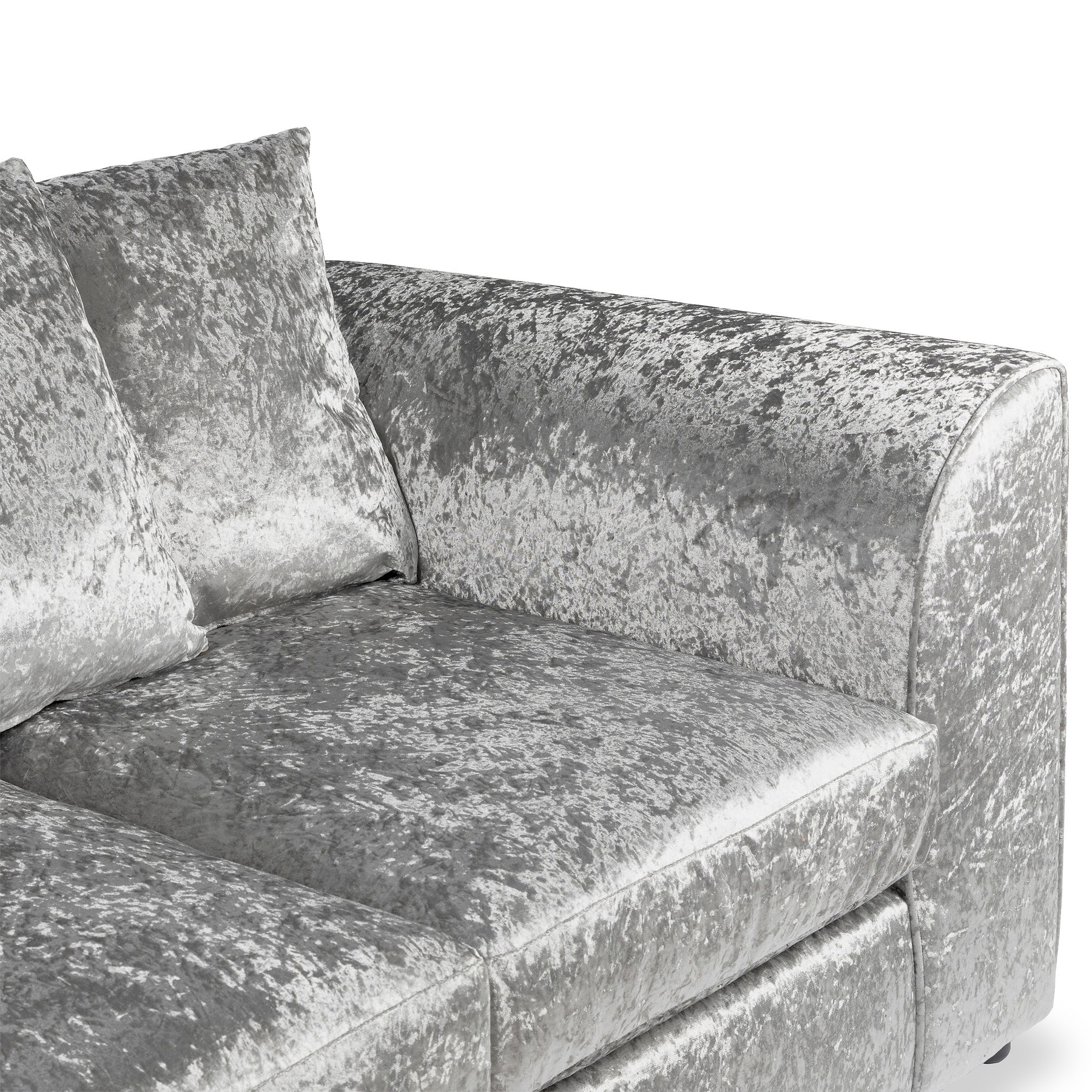 A plush grey crushed velvet loveseat with two cushions, resting against an isolated white background.