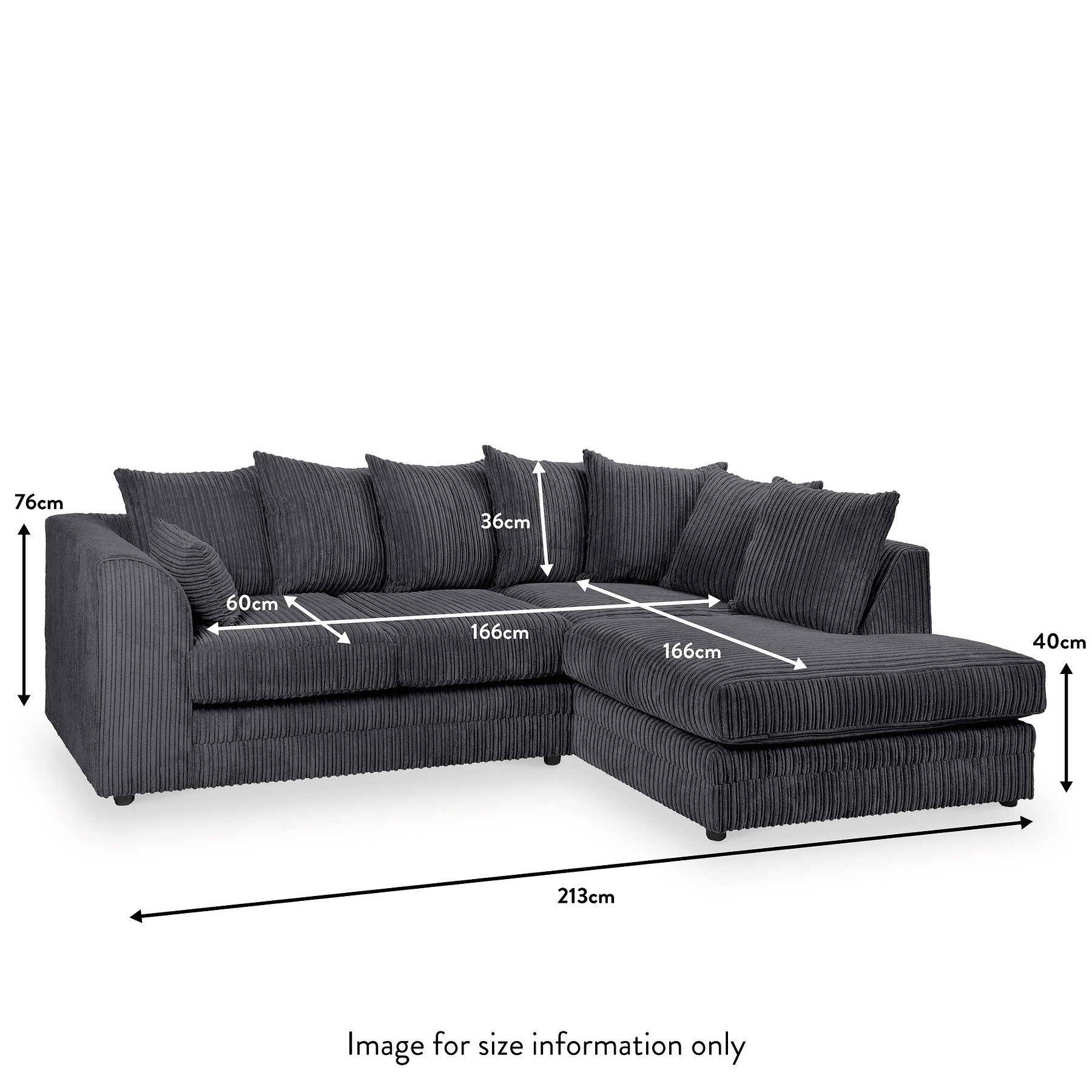 Bletchley Right Hand Black Jumbo Cord Corner Sofa dimensions
