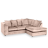 A plush, L-shaped beige sectional sofa with multiple cushions, against a white background.