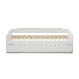 front view of the close up of the white painted wooden frame on the Snooze White Wooden Bed with Trundle 