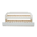 front view of the close up of the white painted wooden frame on the Snooze White Wooden Bed with opened Trundle 