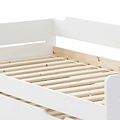 close up of the pine slats on the close up of the white painted wooden frame on the Snooze White Wooden Bed with Trundle 