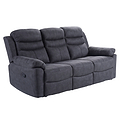 A dark grey upholstered reclining sofa with plump cushioning, against a white background.