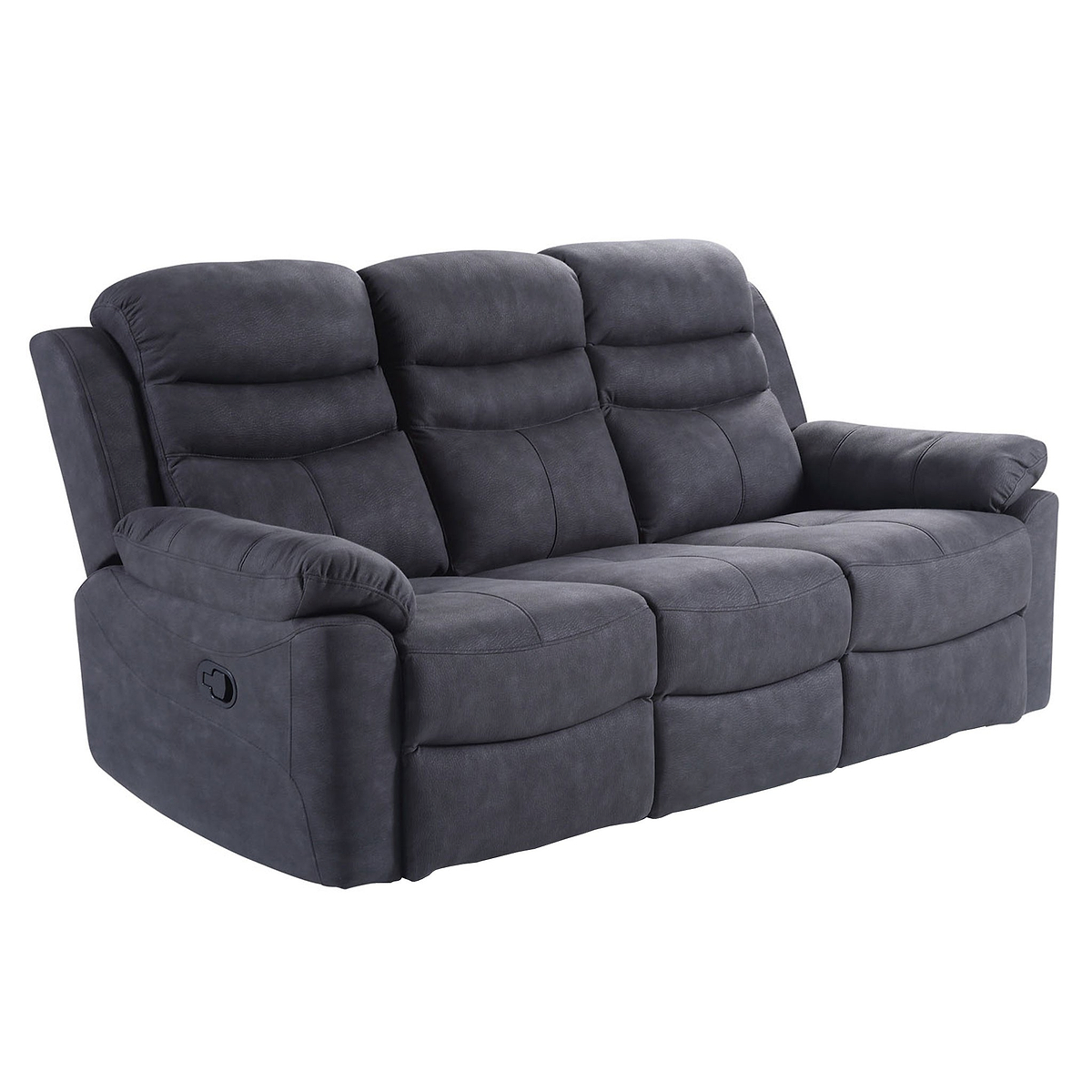 A dark grey upholstered reclining sofa with plump cushioning, against a white background.
