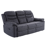 A dark grey upholstered reclining sofa with plump cushioning, against a white background.