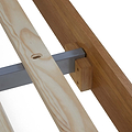 Two wooden boards intersect, one with a metal bracket attached, against a white background.