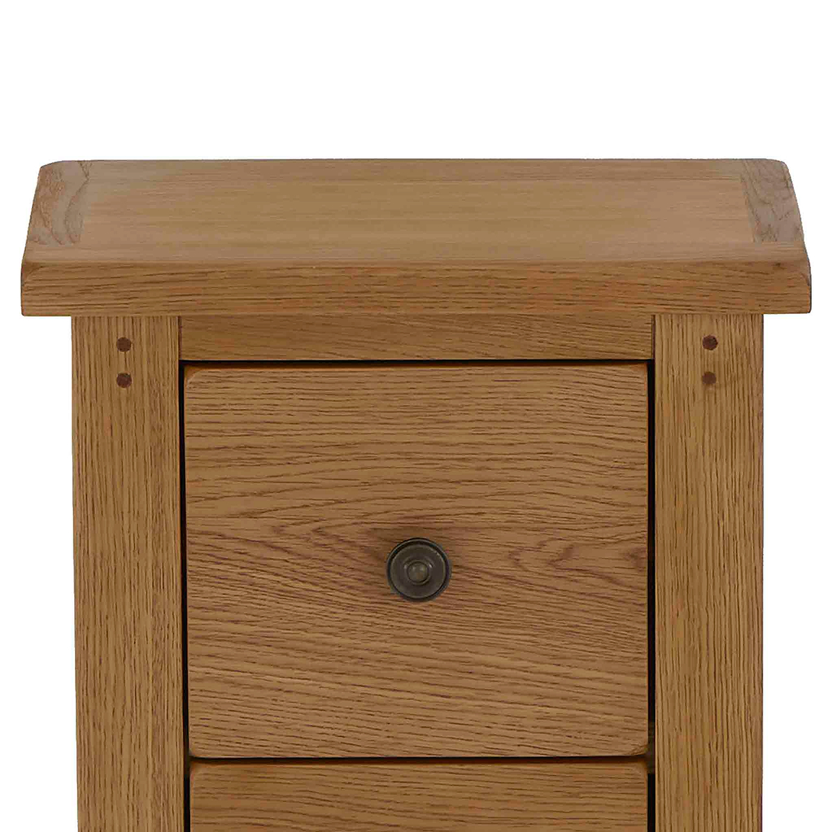 Broadway Oak Narrow Bedside Table - Close up of top of unit