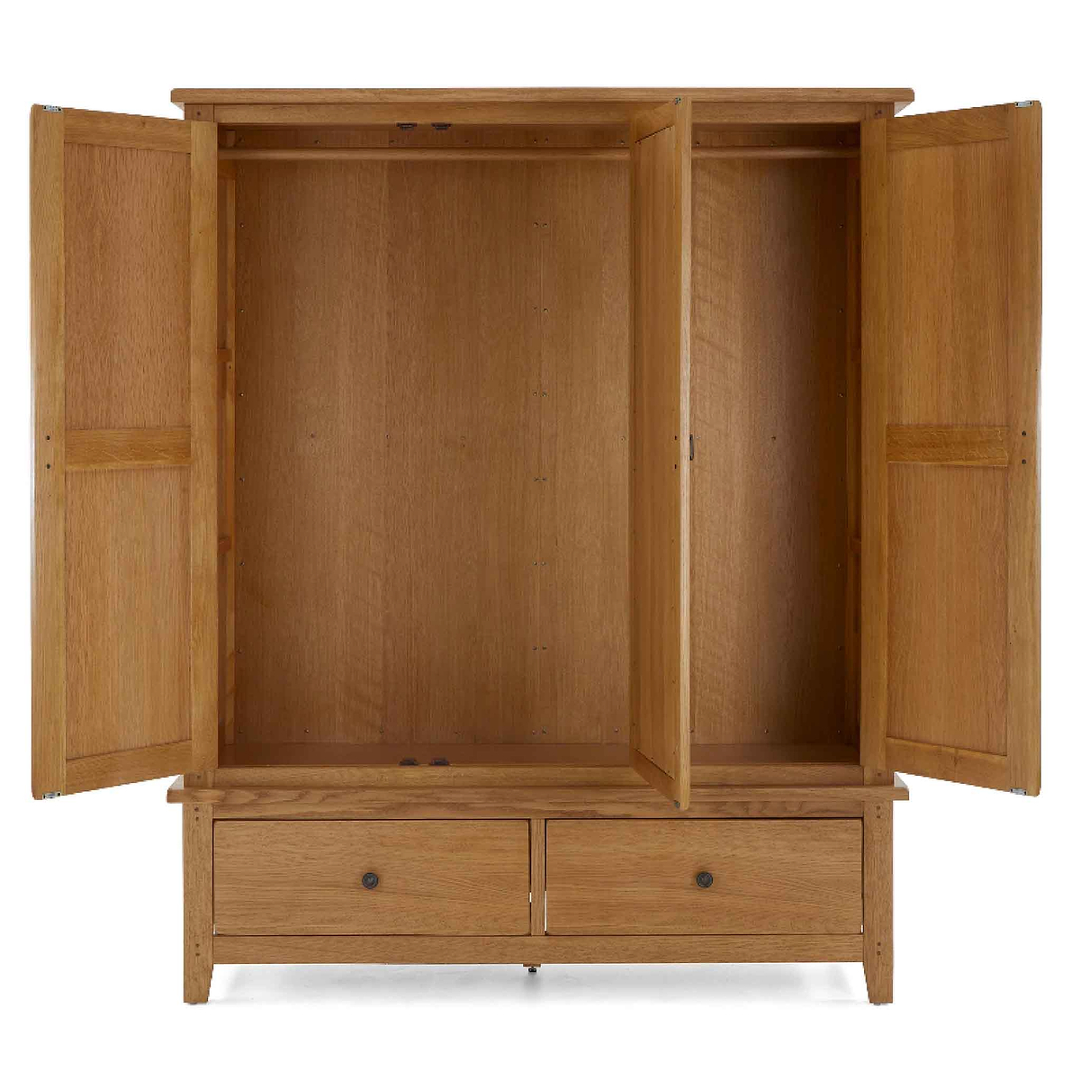 Broadway Oak Triple Wardrobe - Front view with wardrobe doors open