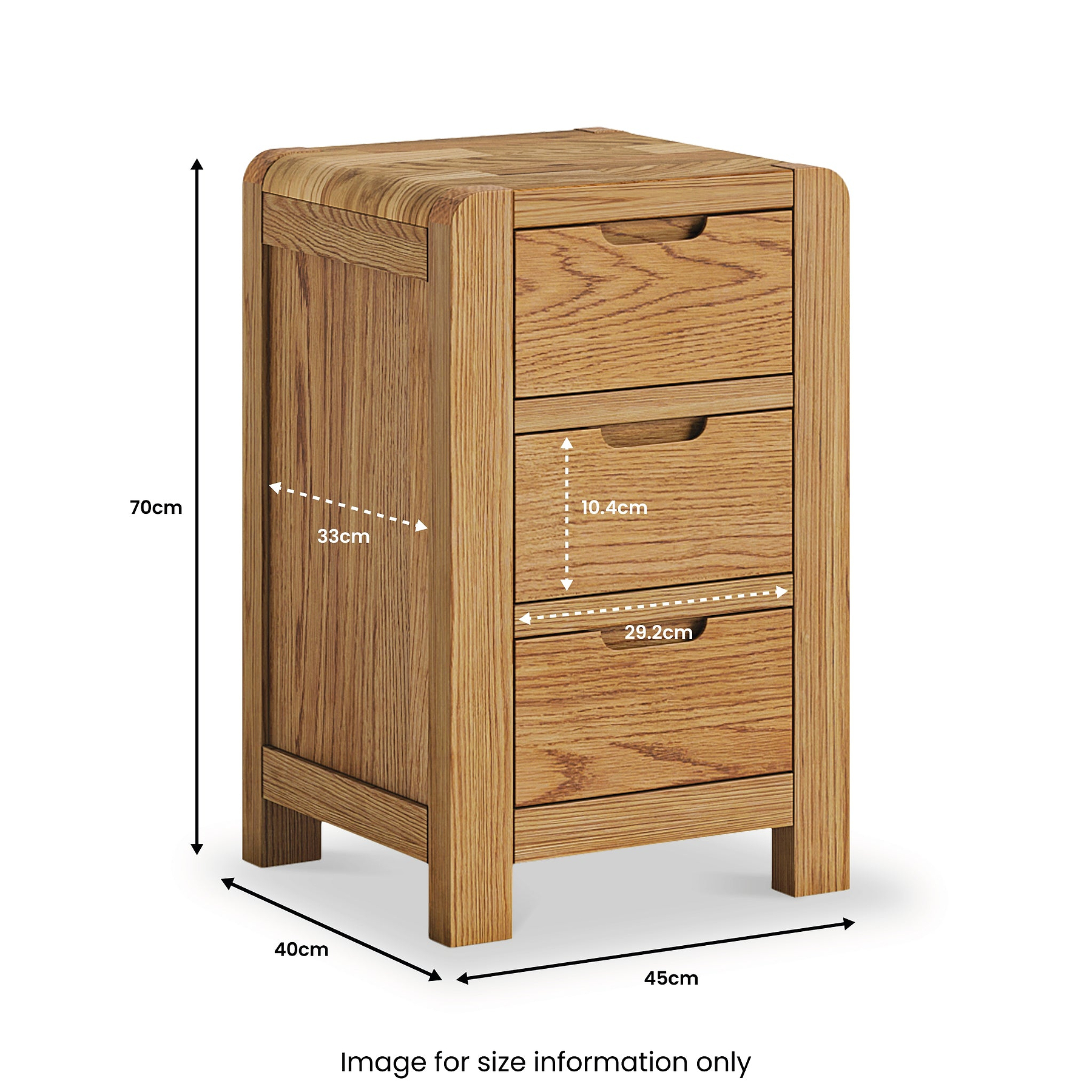 Harvey Oak 3 Drawer Bedside Table dimensions