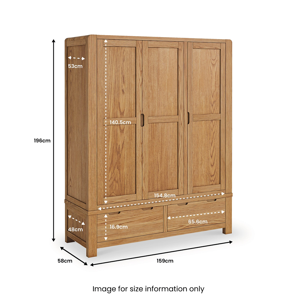 Harvey Oak Triple Wardrobe by Roseland Furniture SIze Guide