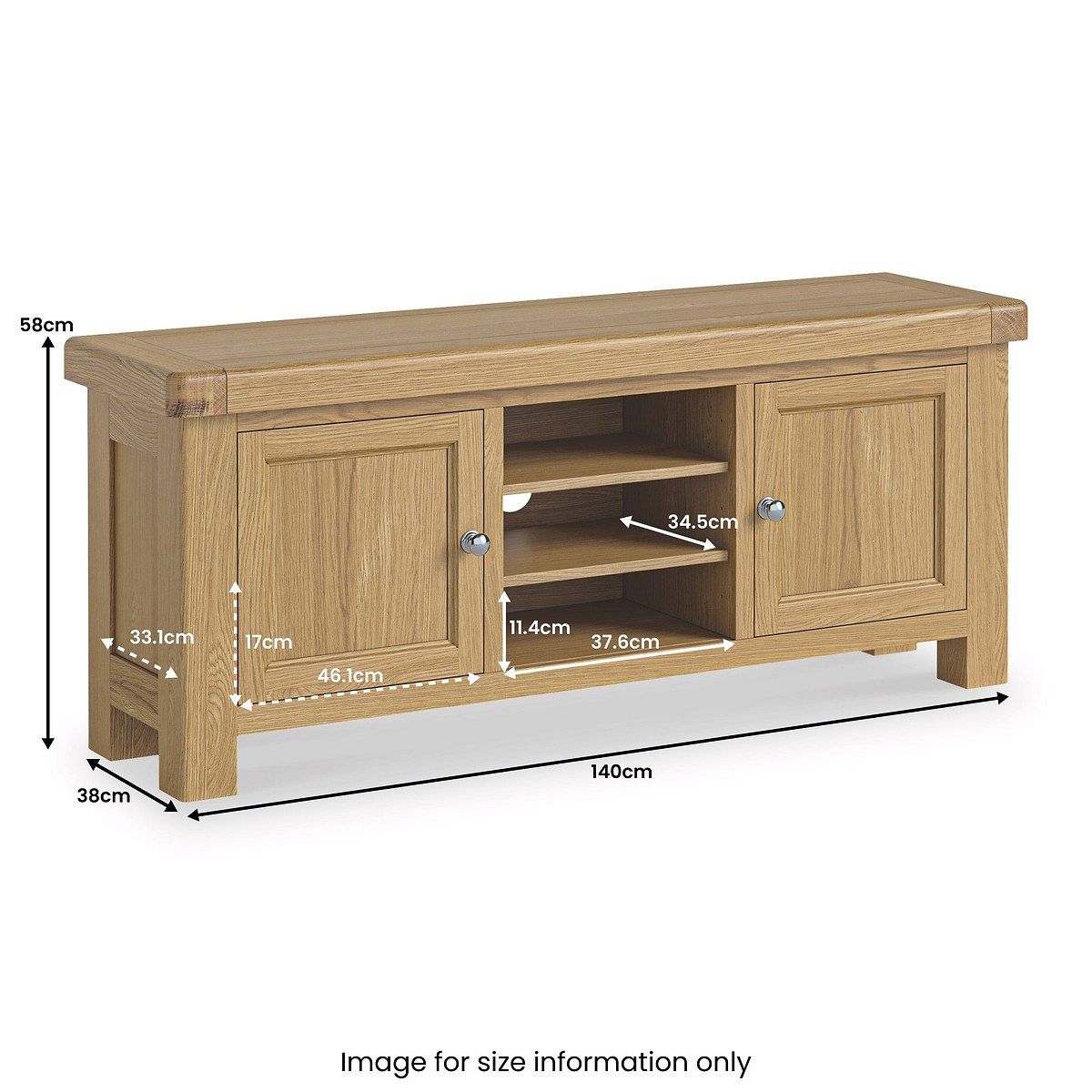 A wooden TV stand with dimensions labeled, featuring shelves, a cabinet, and a flat top against a white background. Text: "Image for size information only."