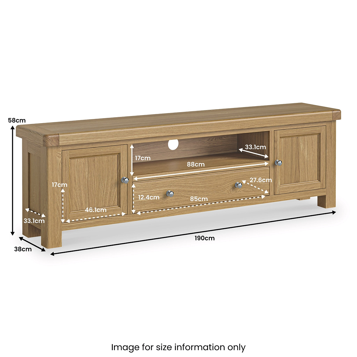 A wooden TV stand with dimensions labeled, including shelves and a cabinet, for size reference: 58cm high, 190cm wide, and various other measurements.

Text: "Image for size information only"