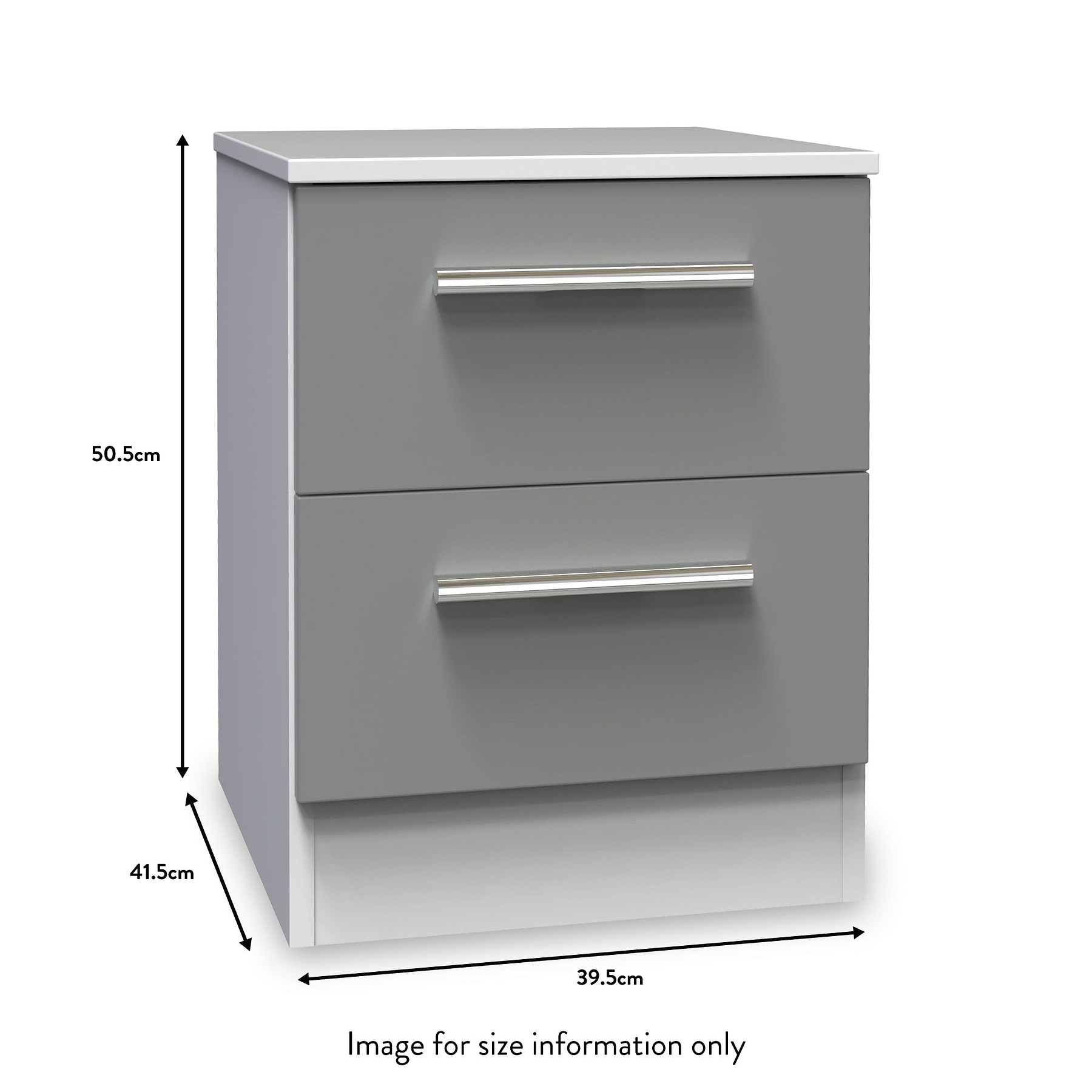 A grey two-drawer cabinet with silver handles stands against a white background. Dimensions are indicated: 50.5cm height, 39.5cm width, 41.5cm depth. Text reads "Image for size information only".