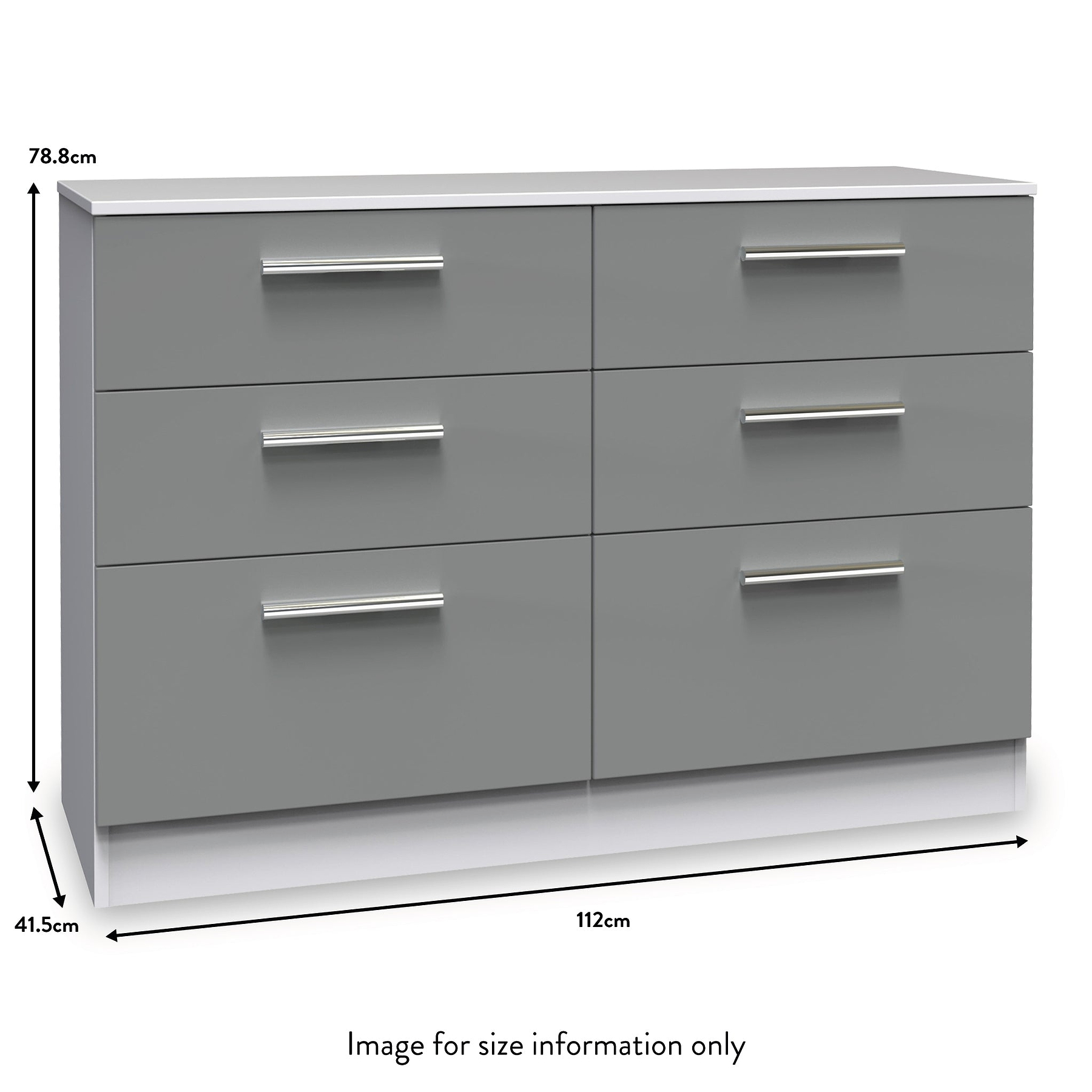 A gray six-drawer dresser with horizontal silver handles, dimensions: 78.8cm high, 112cm wide, 41.5cm deep. Captioned "Image for size information only".