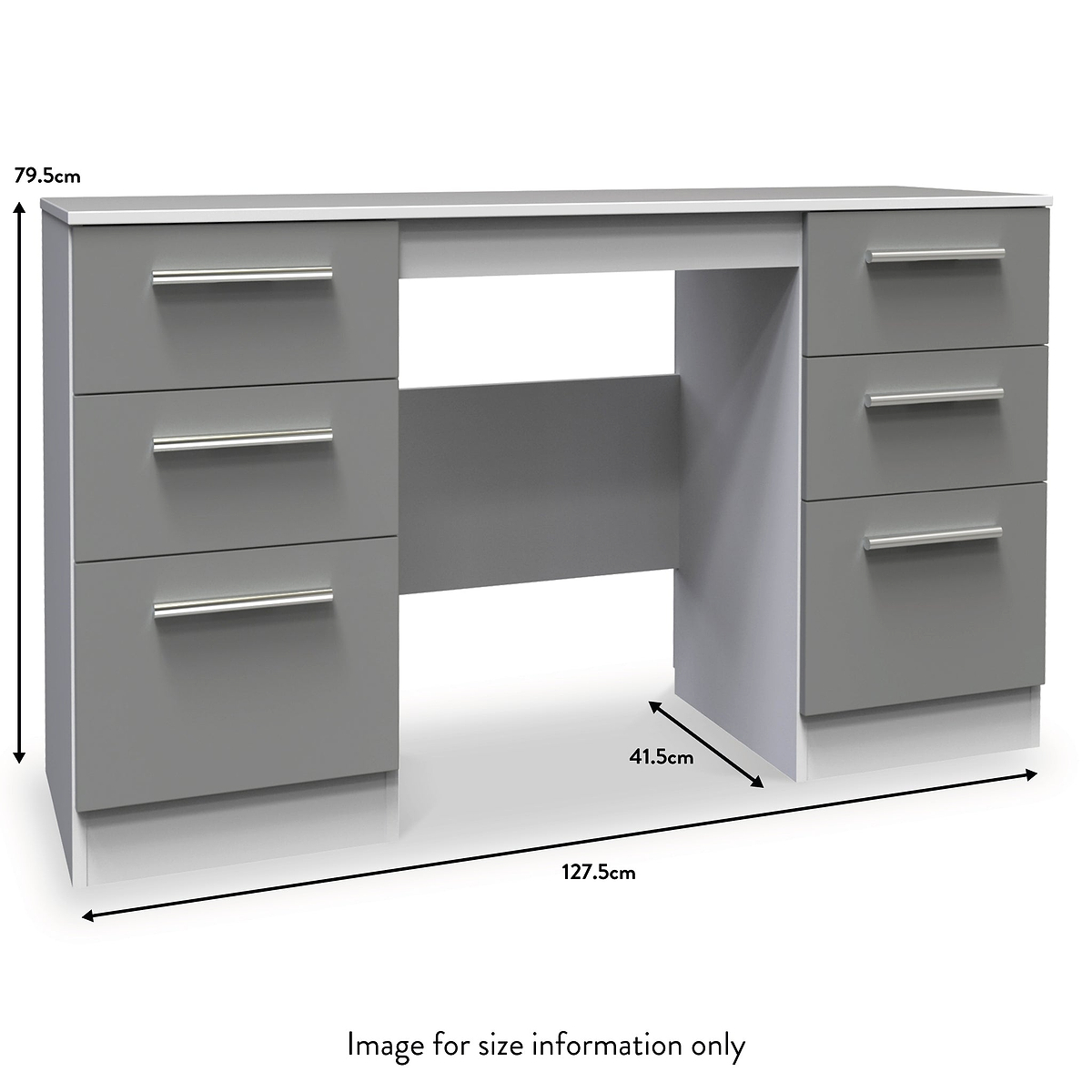 A grey desk with drawers on both sides displays dimensions: 79.5cm tall, 127.5cm wide, 41.5cm deep. Text: "Image for size information only".