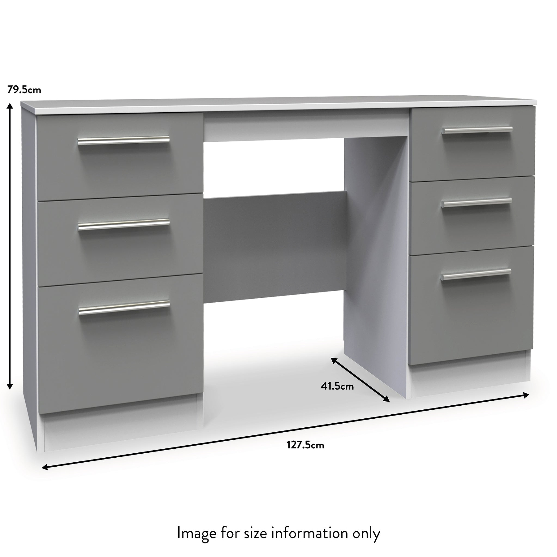A grey desk with drawers on both sides displays dimensions: 79.5cm tall, 127.5cm wide, 41.5cm deep. Text: "Image for size information only".