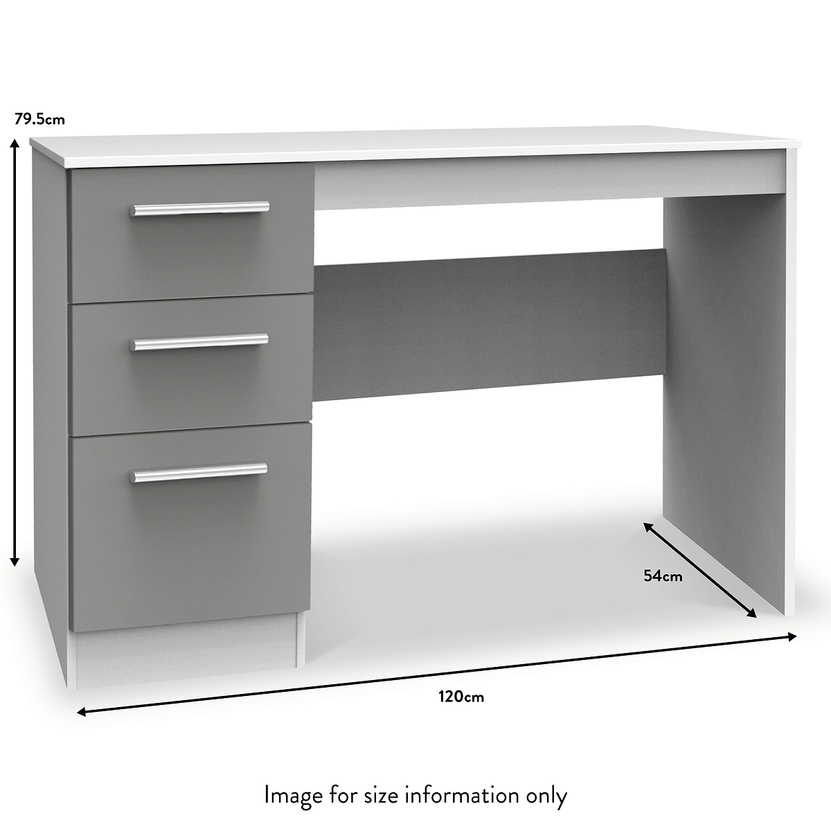 A grey desk with three drawers on the left, dimensions labeled: height 79.5cm, width 120cm, depth 54cm. Text states "Image for size information only."