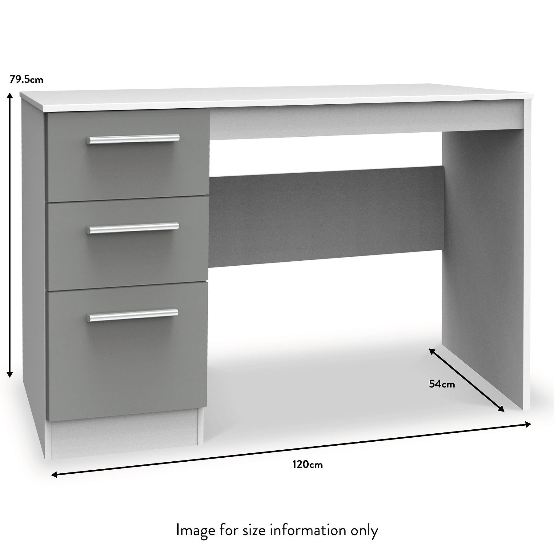 A grey desk with three drawers on the left, dimensions labeled: height 79.5cm, width 120cm, depth 54cm. Text states "Image for size information only."