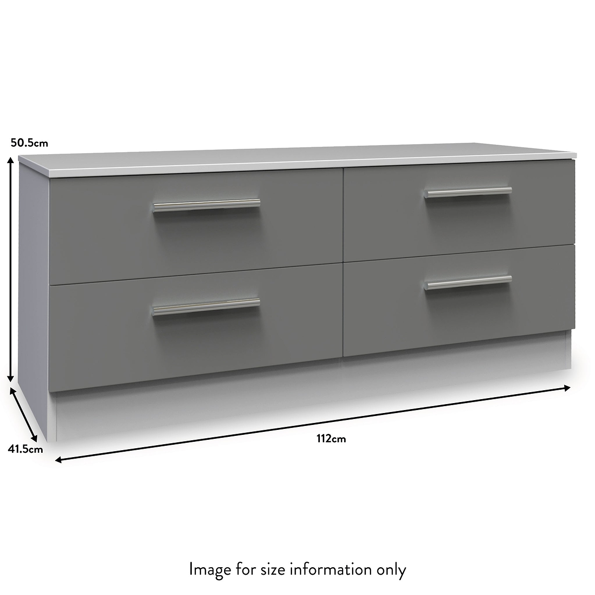 A grey, modern-style low dresser with six drawers, marked with dimensions 50.5cm high, 112cm wide, 41.5cm deep. Text states "Image for size information only".