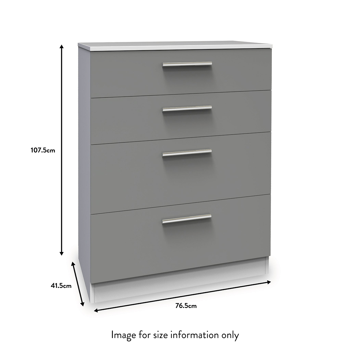 A gray chest of drawers with dimensions: height 107.5cm, width 76.5cm, depth 41.5cm. Text states "Image for size information only."