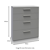 A gray chest of drawers with dimensions: height 107.5cm, width 76.5cm, depth 41.5cm. Text states "Image for size information only."