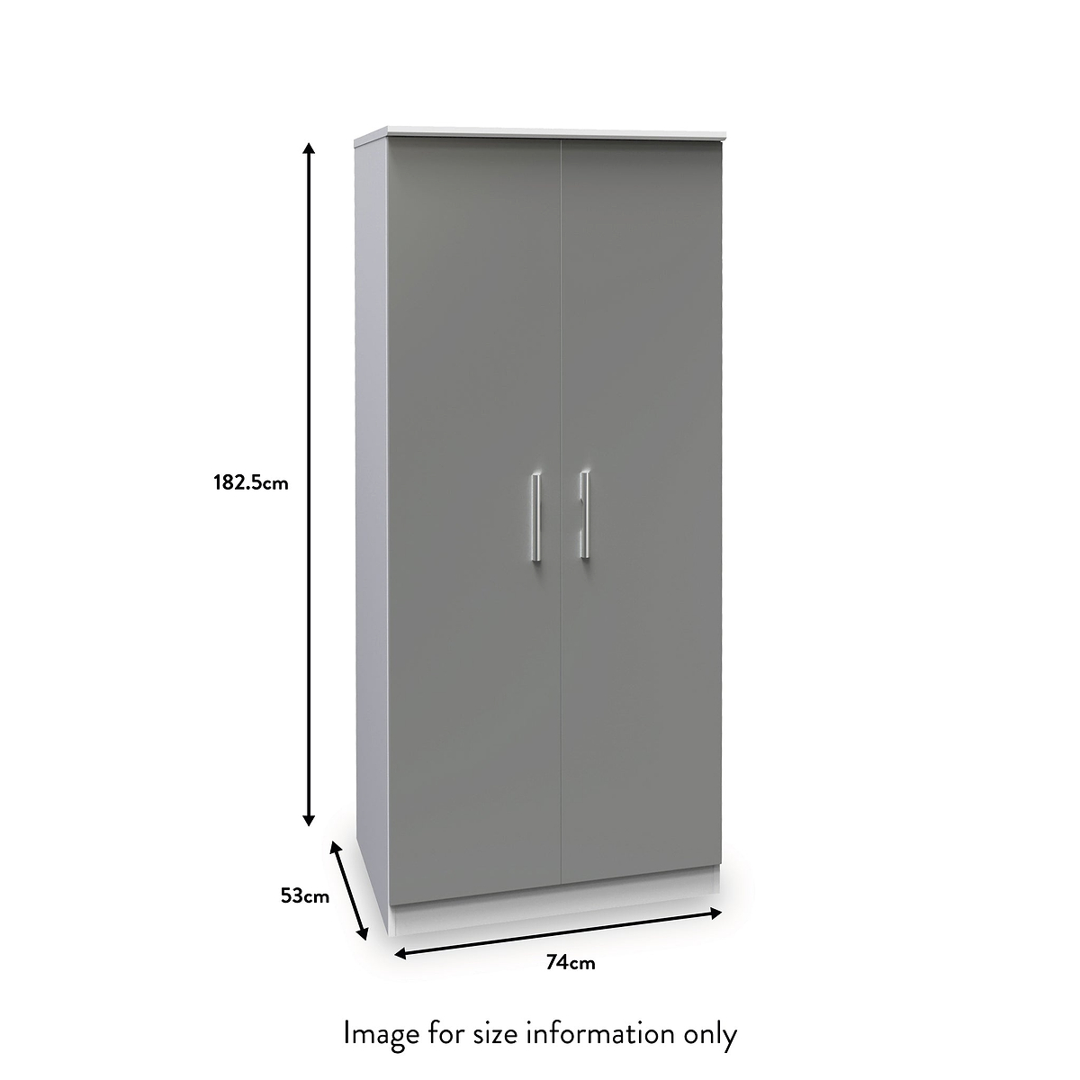A grey wardrobe stands with dimensions displayed: height at 182.5cm, width at 74cm, and depth at 53cm. Text states "Image for size information only".